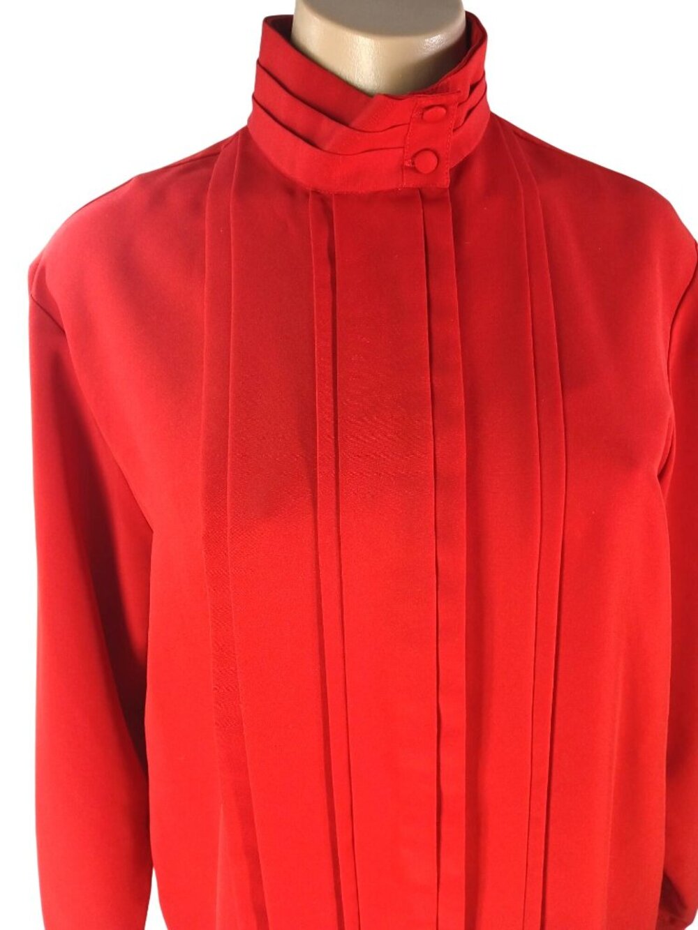 Vintage 80s Hill Archer Red High Neck Pleated Blouse Size 12 Long Sleeve Pleated - Picture 3 of 16
